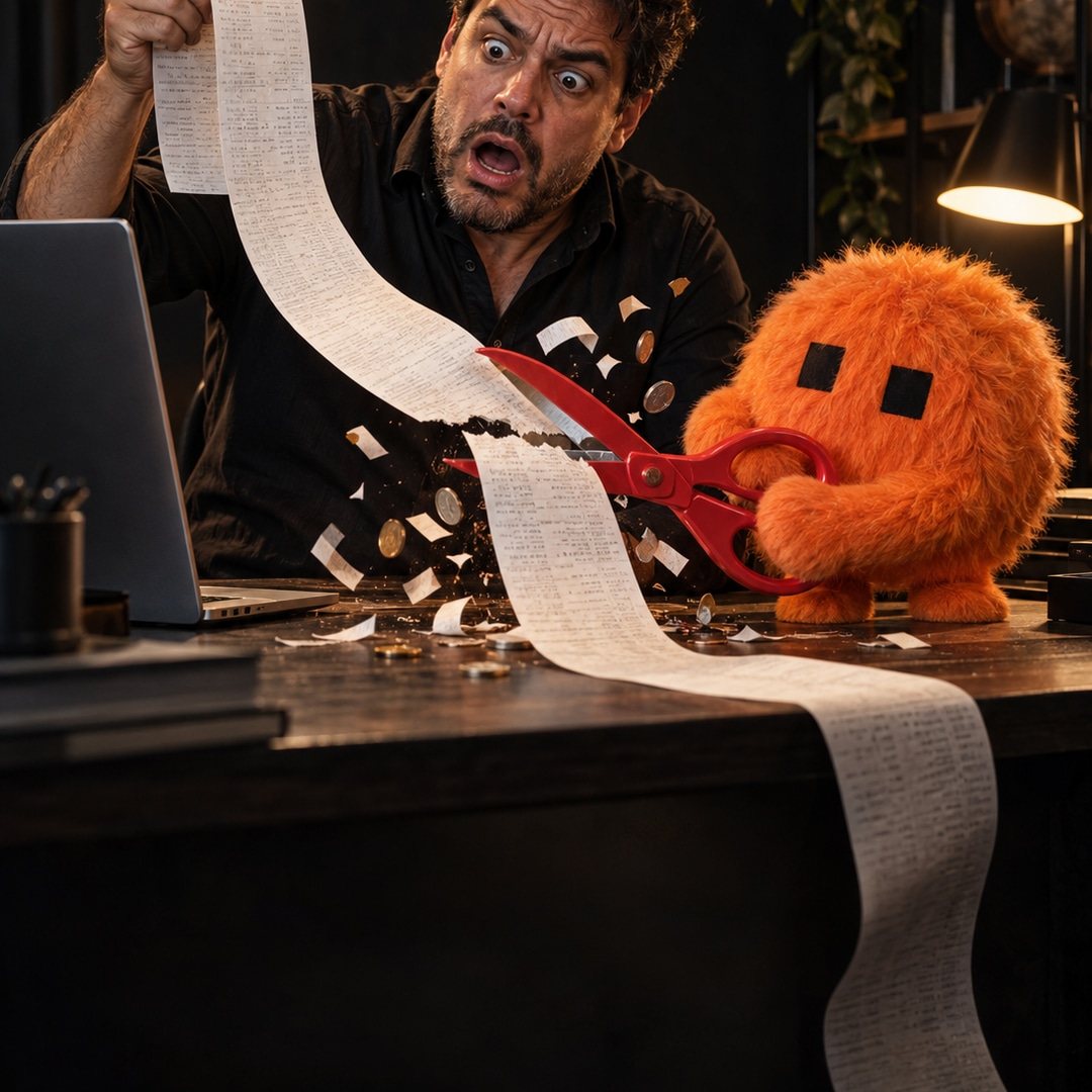 Homem assustado segura um recibo interminável enquanto o mascote laranja corta a fita com uma tesoura
