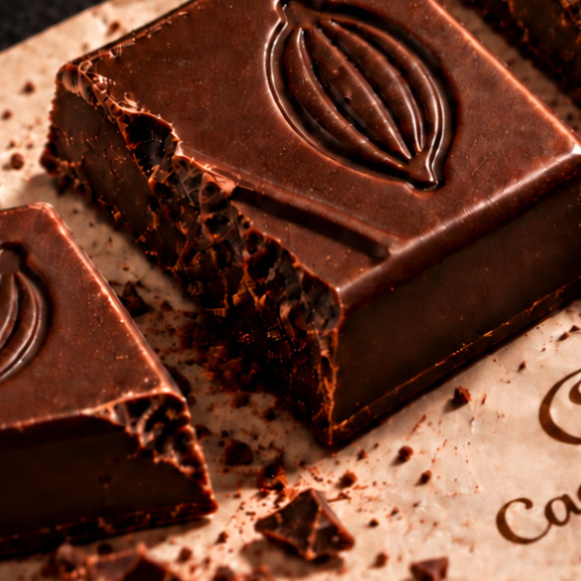 Barras de chocolate da Cacau Show sobre papel pardo, com o logotipo da marca ao fundo