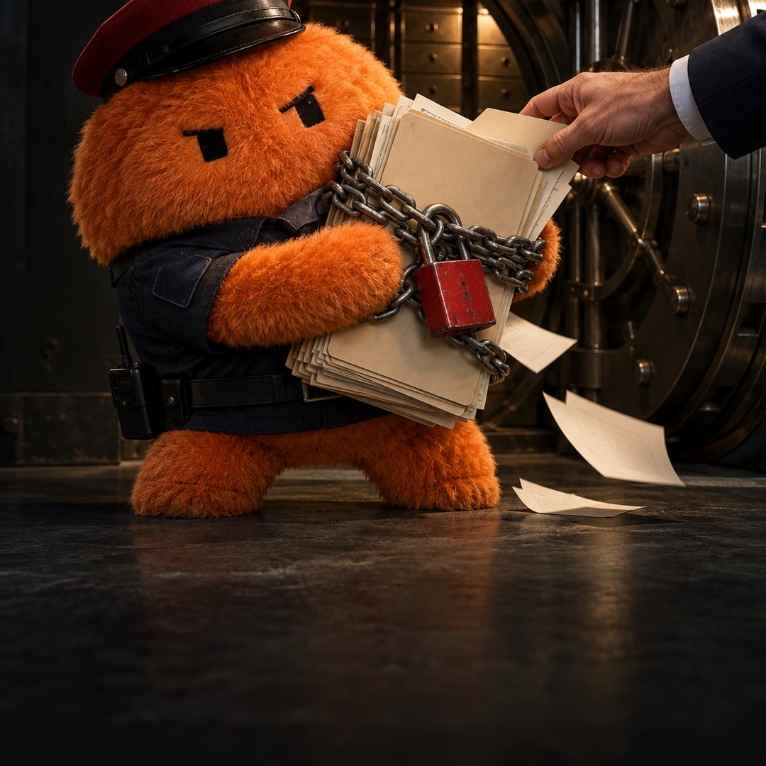 Mascote laranja segura uma pilha de documentos acorrentada diante de um cofre aberto, enquanto uma mão tenta pegá-los